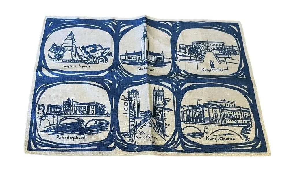 Vtg Swedish Table Linen Placemat Table Topper Buildings Landmarks Blue 13x17”